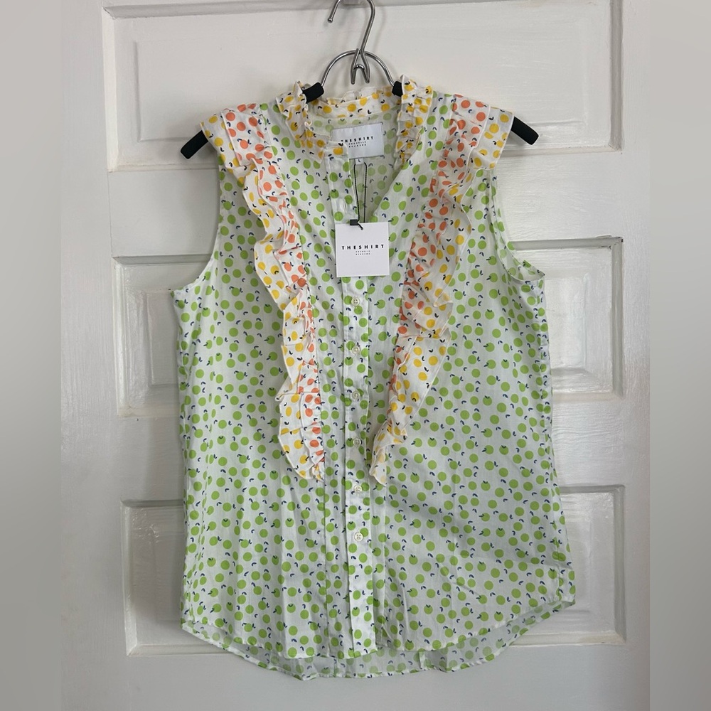 THE SHIRT Green Ruffled Bib Collar Blouse, size L
